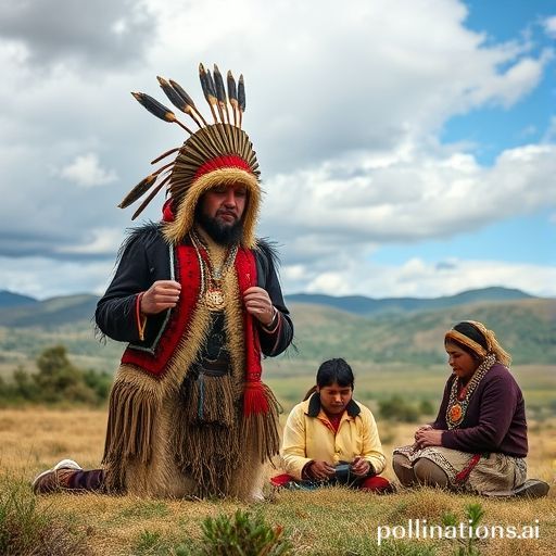 Una machi mapuche con su atuendo tradicional, sosteniendo un kultrún y realizando una ceremonia de sanación en un paisaje andino