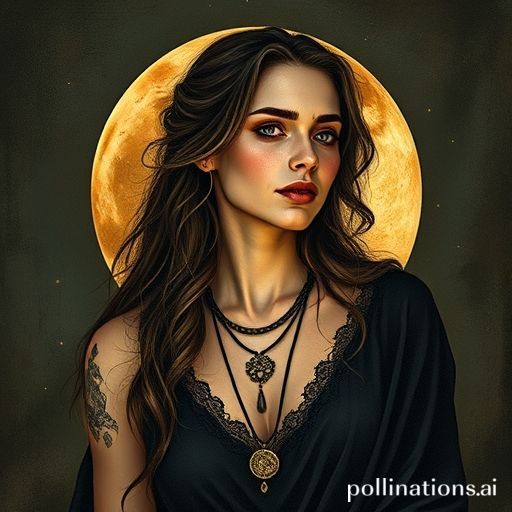 Una mujer moderna como símbolo feminista de la bruja, de pie, fuerte y empoderada, conectada con la naturaleza y los ciclos lunares