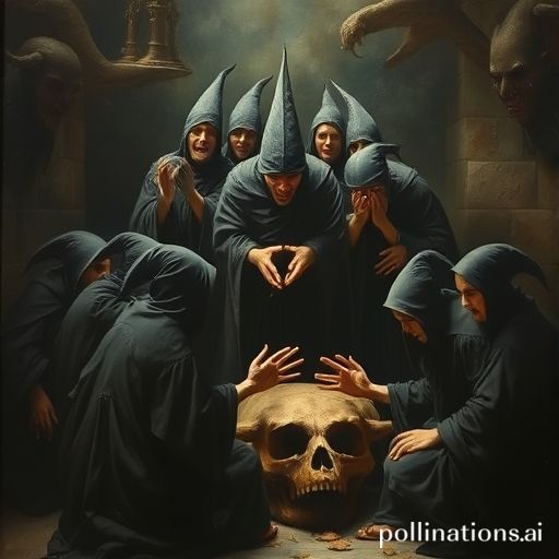 Una pintura al estilo de Francisco de Goya que muestra un aquelarre de brujas reunidas alrededor de un gran macho cabrío, oscuro, caótico y grotesco