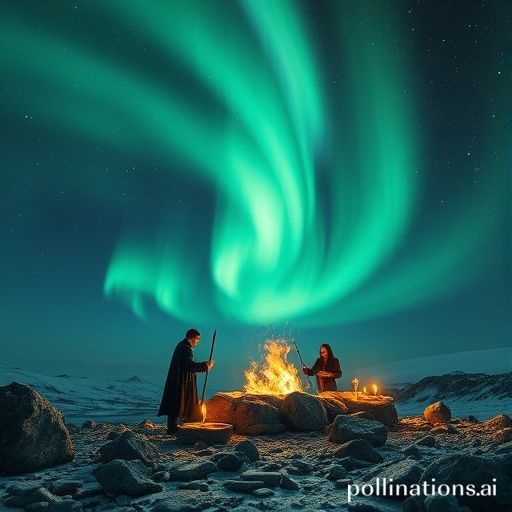 Una völva nórdica con un báculo, realizando un ritual entre antiguas piedras rúnicas bajo la aurora boreal, arte místico y fantástico