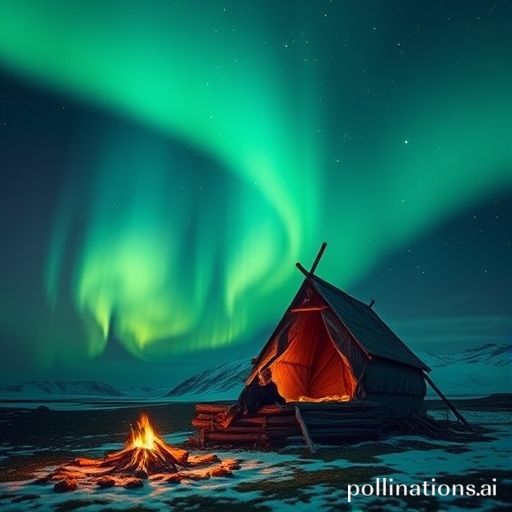 Una vidente nórdica völva, sosteniendo un báculo y cantando runas en trance, con la aurora boreal en el cielo