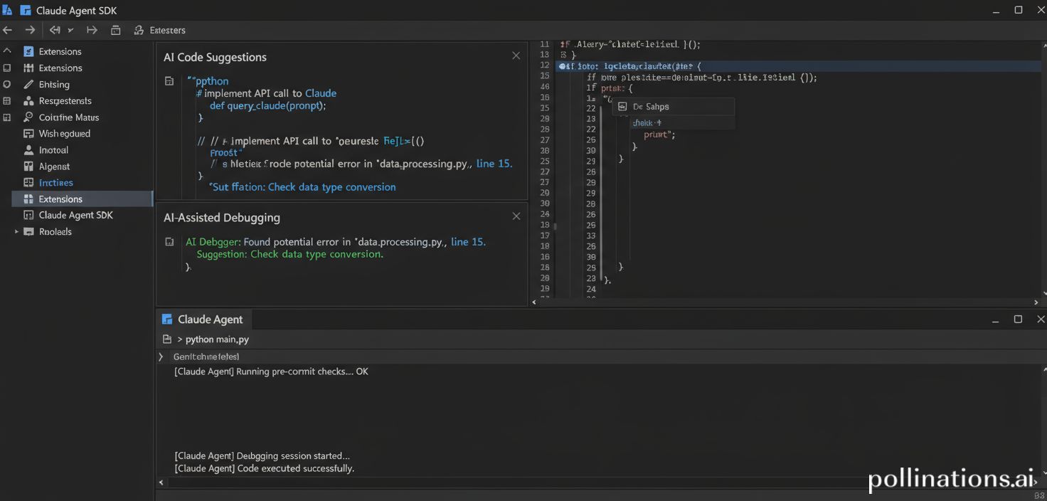 Una captura de pantalla de un IDE (Visual Studio Code) con la integración del SDK de Claude Agent, mostrando un panel lateral con sugerencias de código y depuración asistida por IA, y una terminal donde se ejecutan comandos.