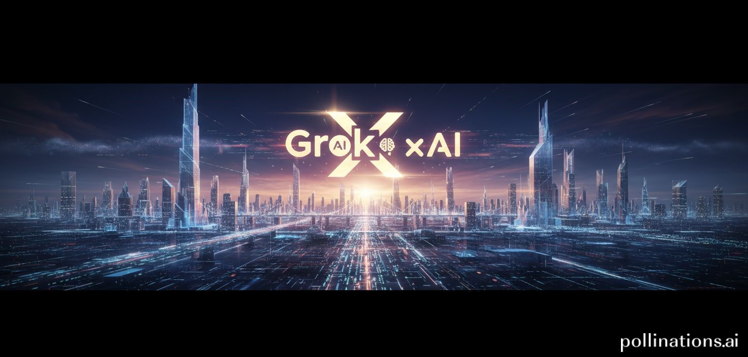 Una imagen de un horizonte digital con el logo de Grok o xAI destacándose, simbolizando un futuro brillante y rápido impulsado por la IA