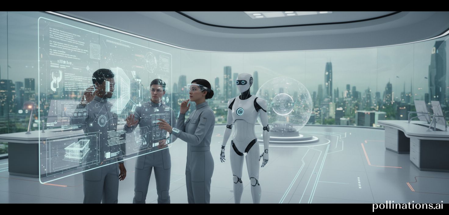 Una imagen futurista que representa la colaboración fluida entre humanos e IA, posiblemente en un entorno de oficina o laboratorio, con una interfaz de usuario limpia y minimalista proyectada en el aire, simbolizando la integración de la IA en la vida diaria.
