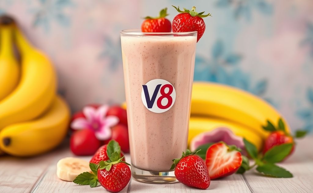 V8 Strawberry Banana Smoothie in a vibrant setting
