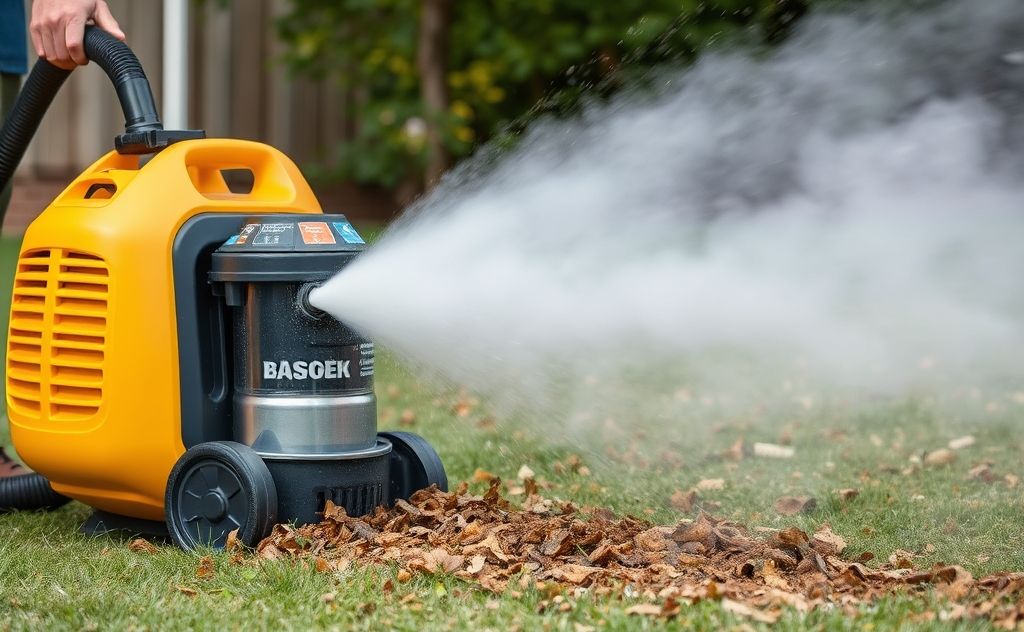 Vacuum cleaner blowing air and debris outdoors