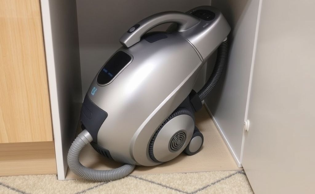 Vacuum cleaner stored upright for safety.