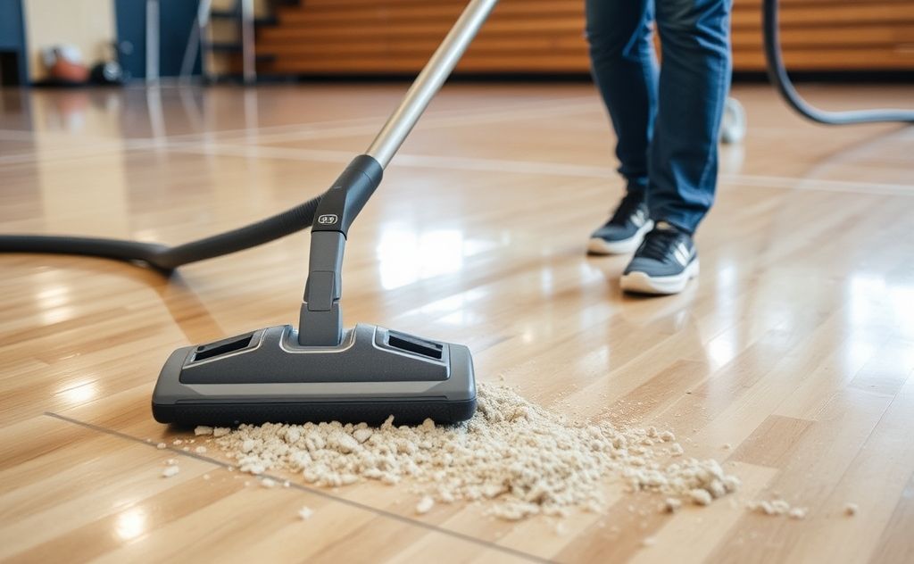 Vacuum removes debris from textured gym floors