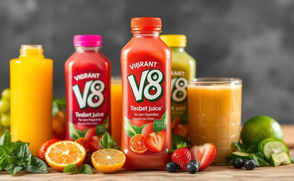 Vibrant V8 juice with fresh ingredients and flavors