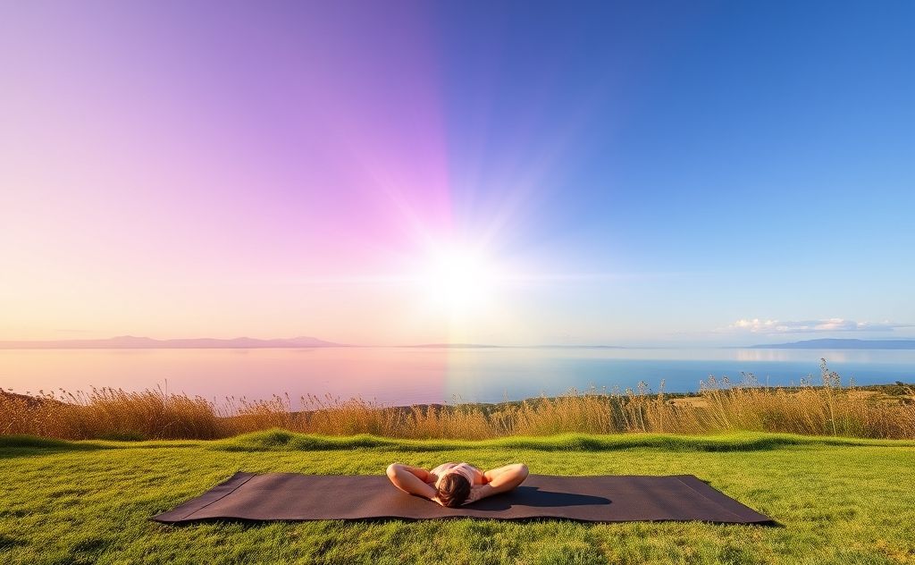 Vibrant chakra colors radiating from a yoga mat in a serene setting