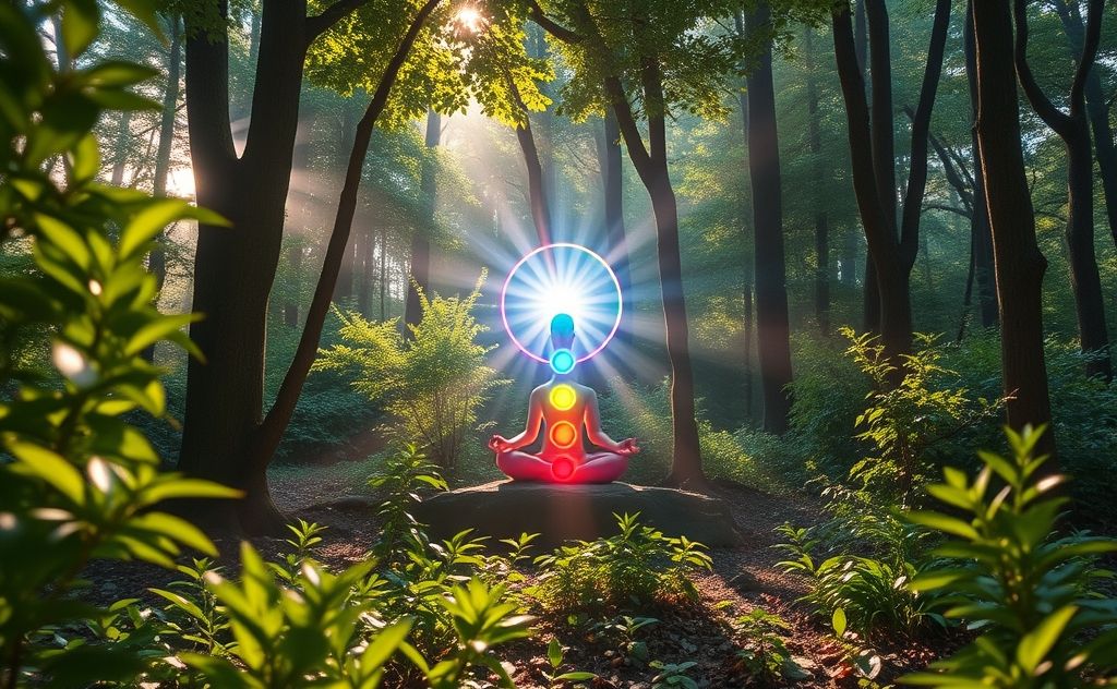 Vibrant energy centers illuminated by healing mantras in nature.