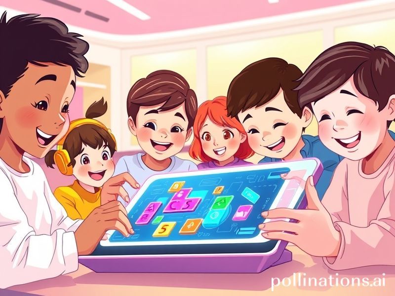 Children happily engaging with an AI coding app on a tablet.