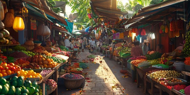 سوق محلي نابض بالحياة في جنوب شرق آسيا يعج بأكشاك الطعام والباعة المحليين، معروضات ملونة من المنتجات والتوابل، وأجواء صاخبة تعكس حيوية المكان.