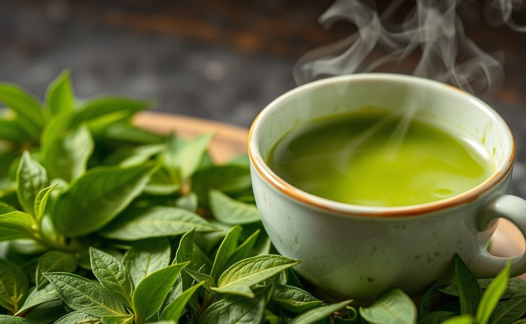 Vibrant matcha tea leaves with a steaming cup, highlighting energy and wellness.