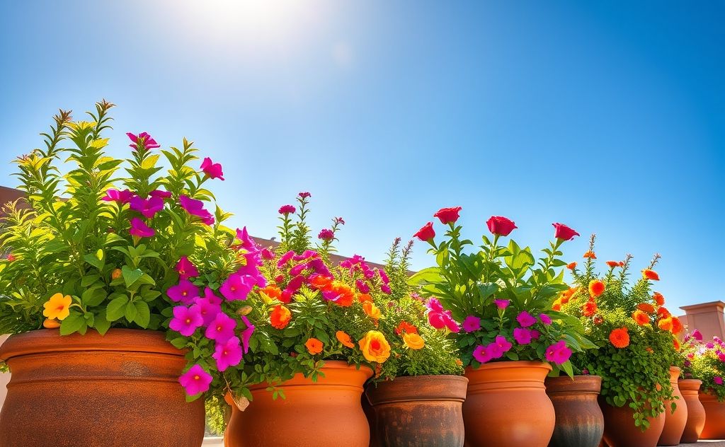 Vibrant potted plants thriving under the Texas sun.