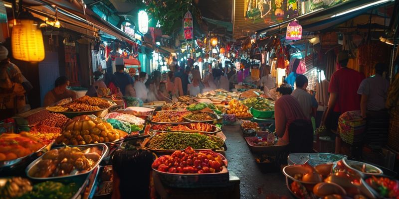 سوق طعام شوارع نابض بالحياة في بانكوك، تايلاند، يعرض أطباقًا محلية ملونة وسط حشد من الناس في مشهد ليلي
