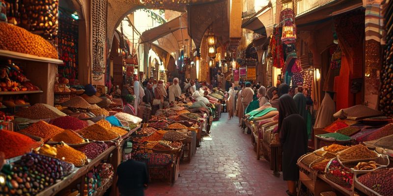 سوق تقليدي نابض بالحياة في مراكش، المغرب، مليء بالتوابل والمنتجات الجلدية والحرفيين المحليين، يظهر حشودًا من الناس وإضاءة دافئة تعكس الأجواء الأصيلة.
