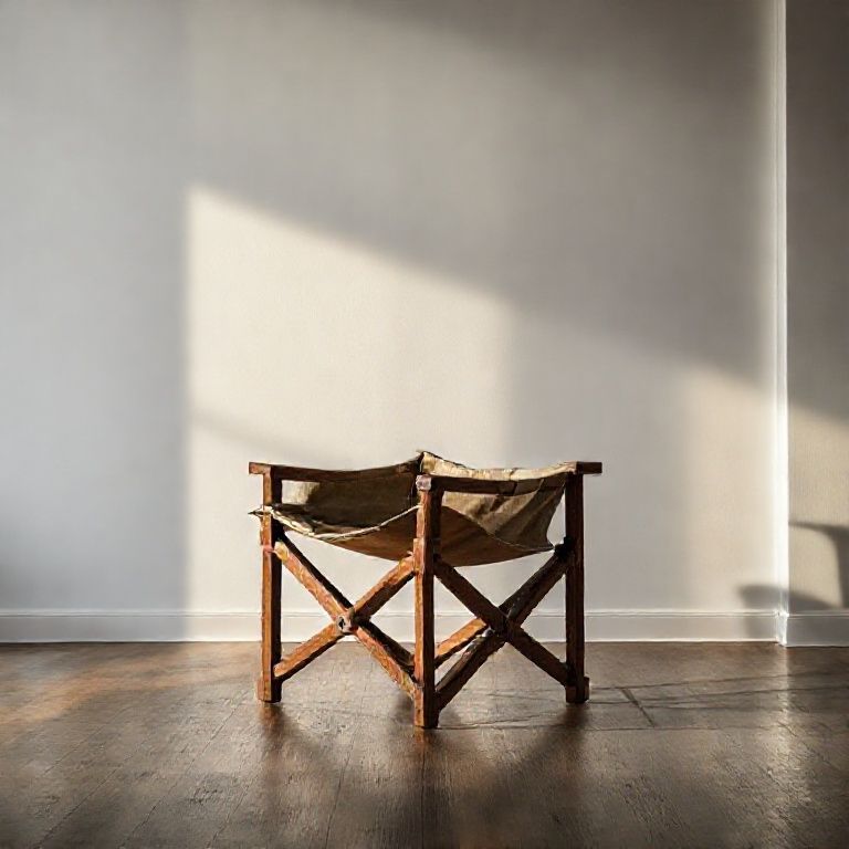 Cadeira de Campanha militar vintage em uma sala minimalista, destacando a estrutura em X e o assento de lona