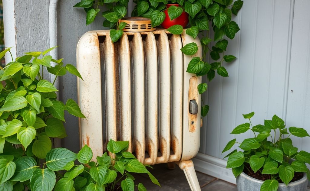 Vintage heater adorned with lush green plants