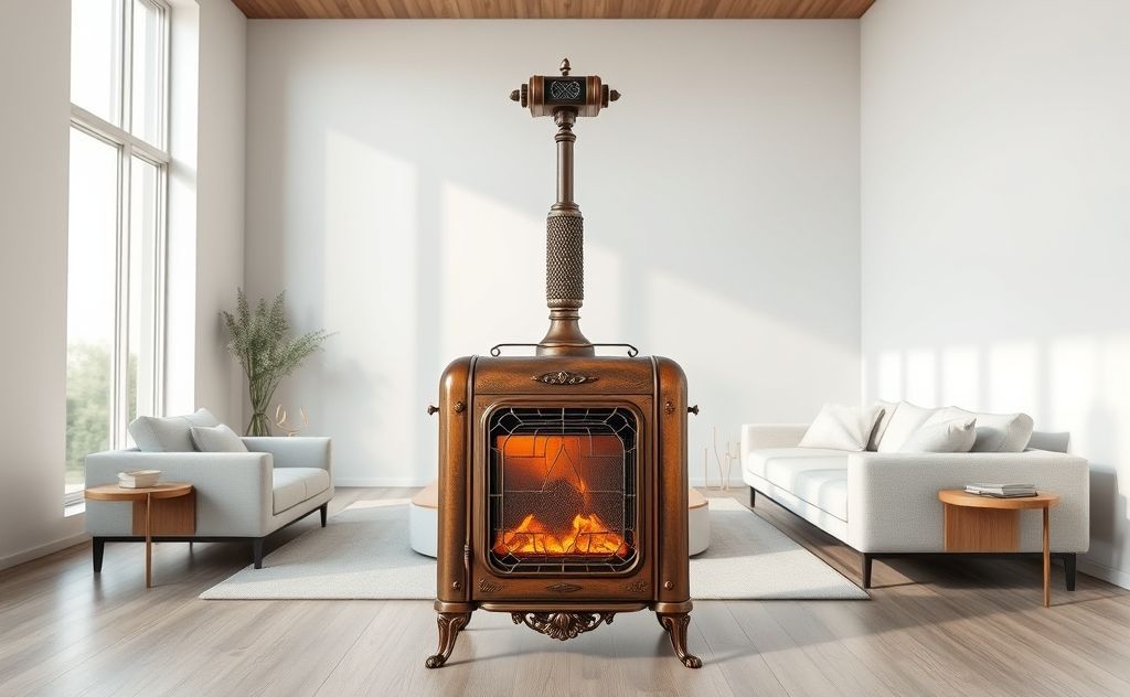 Vintage heater in modern living room setting