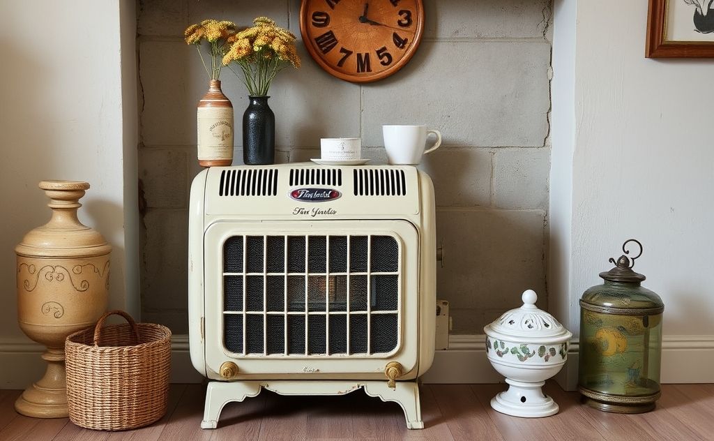 Vintage heater with stylish accessories and decor.