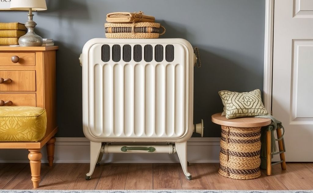 Vintage heater with stylish, complementary furniture.