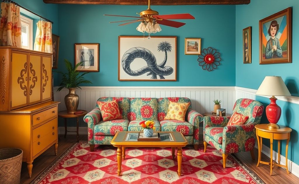 Vintage style with vibrant colors and bold patterns