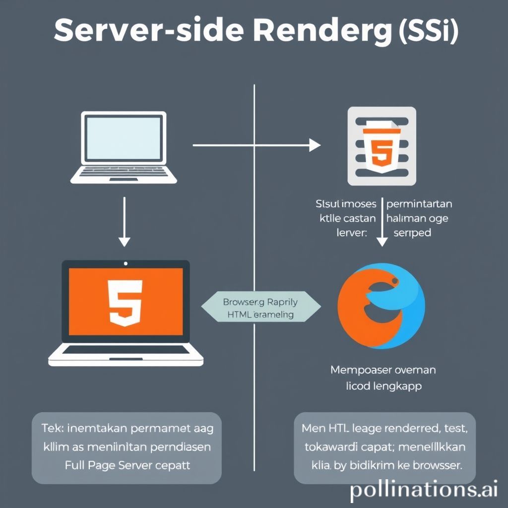 Visualisasi alur kerja Server-side Rendering (SSR) yang menunjukkan interaksi antara browser klien dan server. Sebuah ikon laptop atau browser mengirimkan permintaan ke ikon server rack. Server memproses permintaan tersebut, menghasilkan halaman HTML lengkap (ditunjukkan dengan fragmen kode HTML), dan mengirimkannya kembali ke browser klien untuk tampilan cepat. Teks 