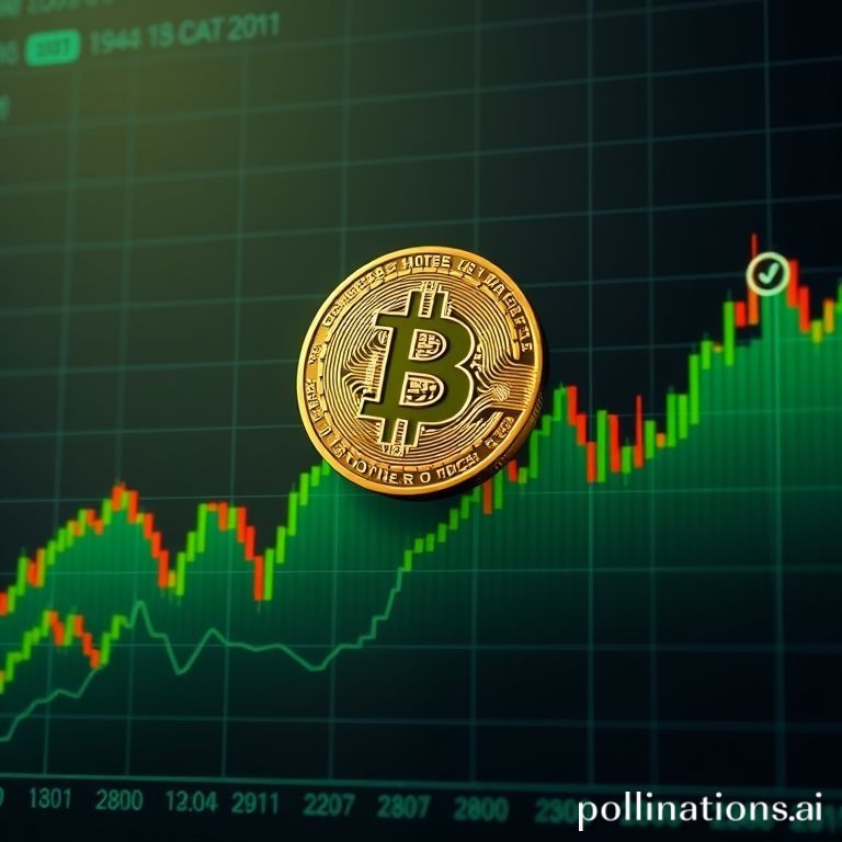 Dinamika pasar Bitcoin dengan grafik harga, indikator 'long' yang melonjak, dan bayangan risiko ekonomi global yang mempengaruhi sentimen investor.