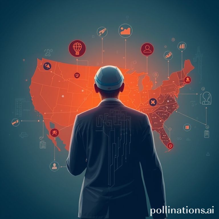 Visualisasi dampak biaya visa H-1B $100.000, menampilkan startup kecil yang terbebani dan perusahaan teknologi besar yang makmur, dengan talenta AI beremigrasi ke luar negeri.