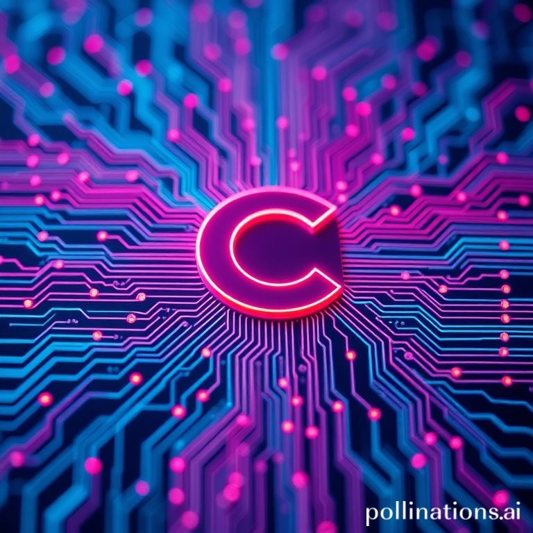 Ilustração abstrata de hardware e código C, representando alta performance e baixo nível.