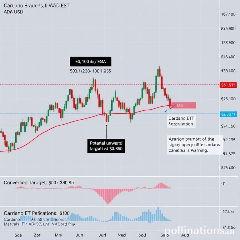 ADA/USD candlestick chart showing key support and resistance levels, EMAs, and Fibonacci retracement levels.