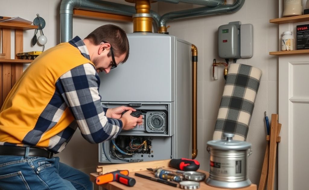 Visualize a skilled technician performing common repairs on an oil boiler, showcasing tools and parts in a home setting.