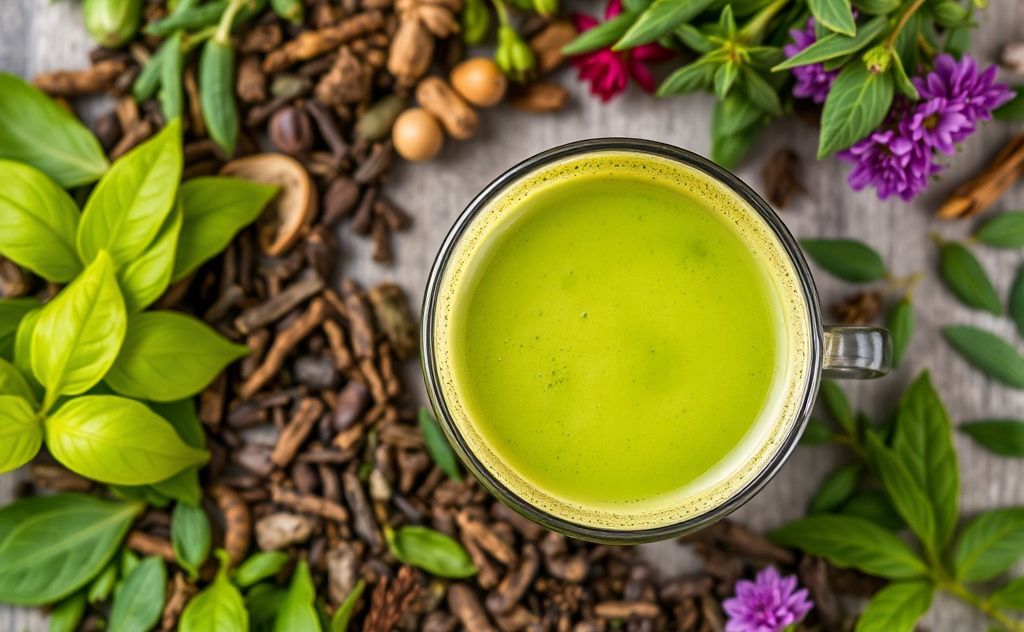 Visualize a vibrant cup of Pukka Matcha Tea surrounded by its natural ingredients like green tea leaves and vibrant herbs.