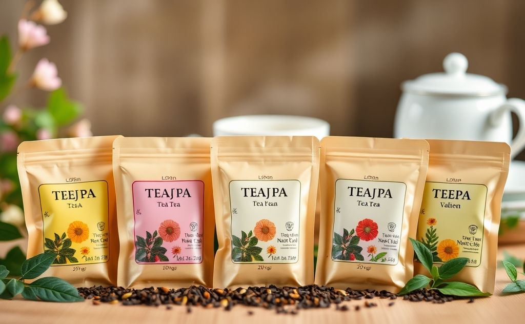 Visualize an assortment of tea bags, showcasing different types and flavors, with a serene tea setting in the background.