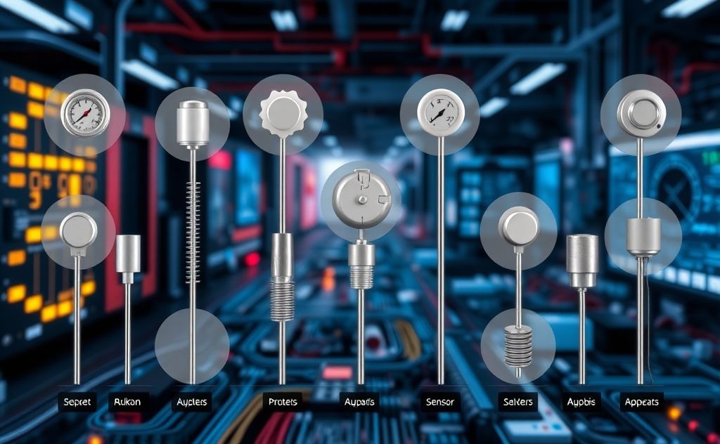 Visualize various temperature sensors in a tech environment showcasing their types and applications.