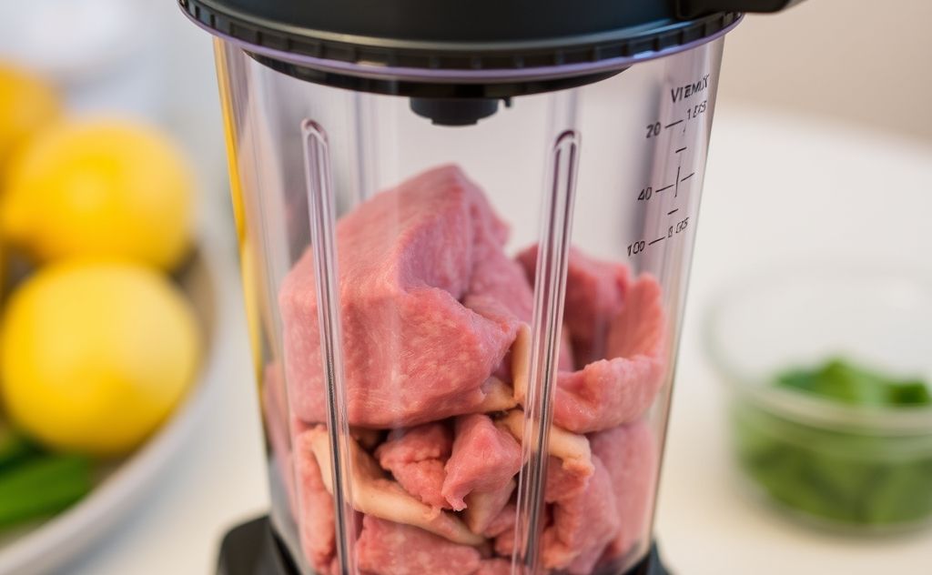 Vitamix blender grinding meat in action.