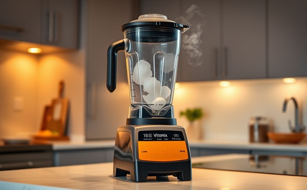 Vitamix blender making hot soup in a kitchen.