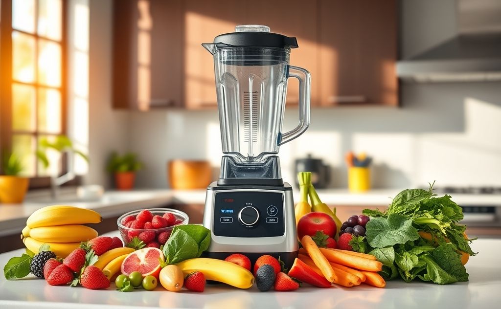 Vitamix blender on a kitchen counter with fresh ingredients