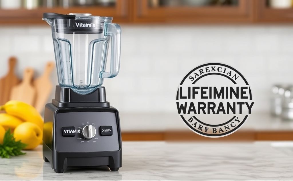 Vitamix blender with a lifetime warranty symbol