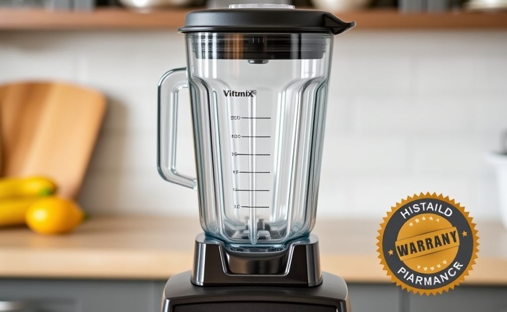 Vitamix blender with a warranty badge and kitchen setting