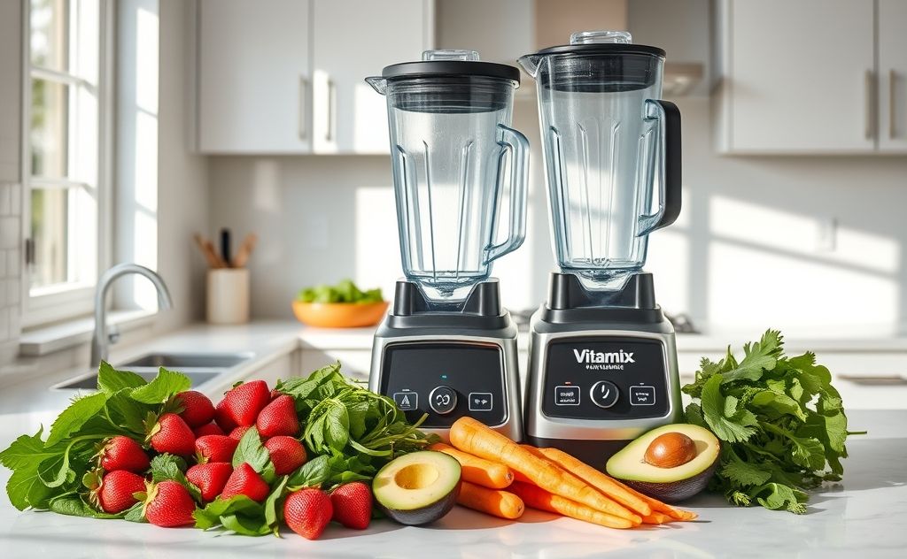 Vitamix blender with fresh ingredients on a kitchen counter