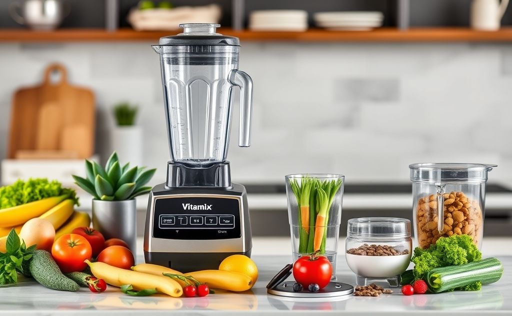 Vitamix blending system with vibrant ingredients and tools