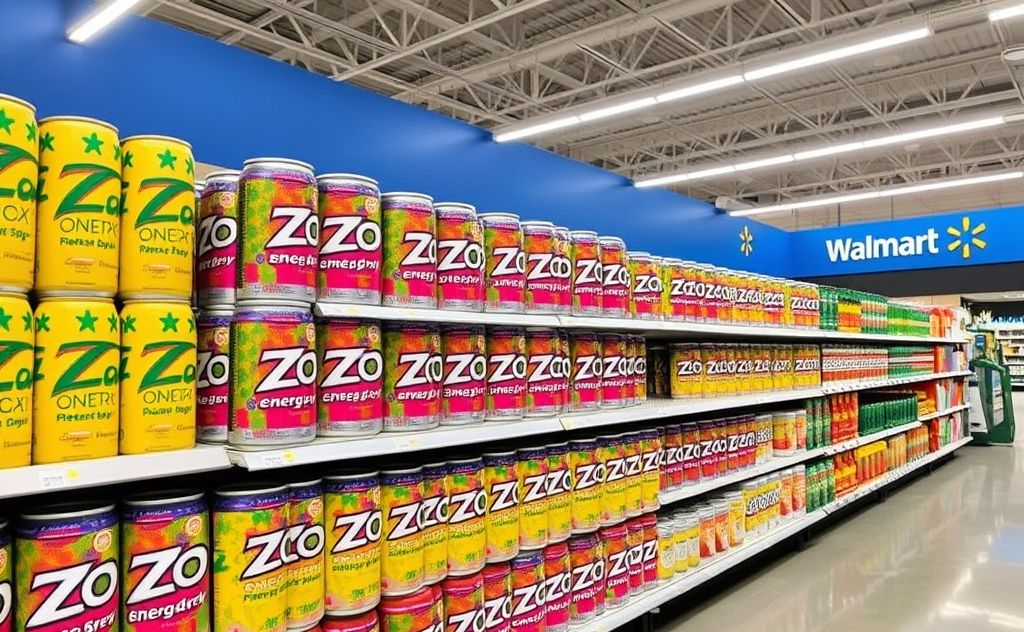Walmart shelves stacked with Zoa Energy Drink