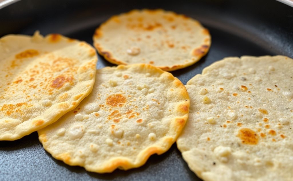 Warm corn tortillas on a skillet with golden edges.