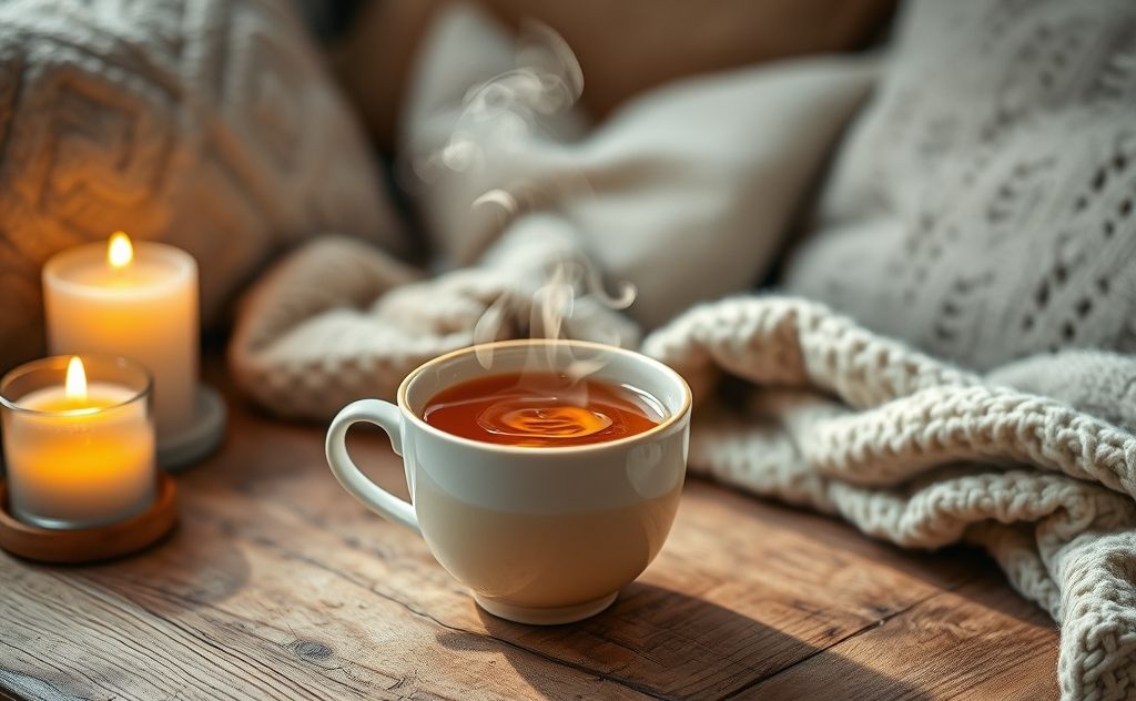 Warm cup of tea with honey drizzling over it, inviting and cozy setting.