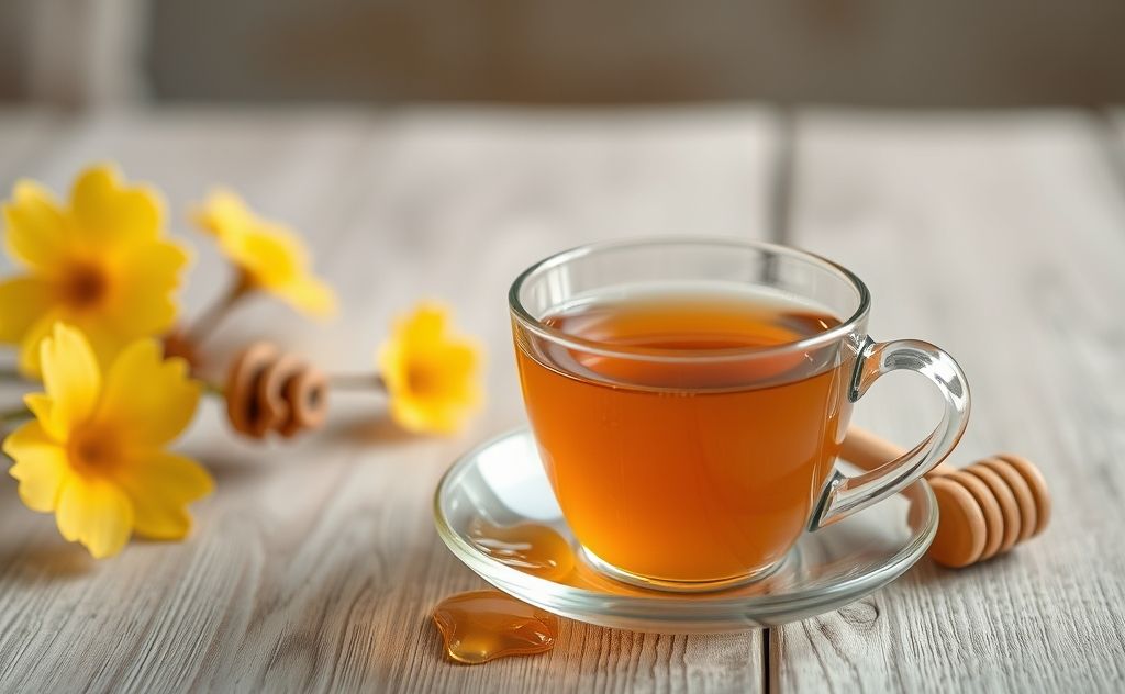 Warm cup of tea with honey stick beside it