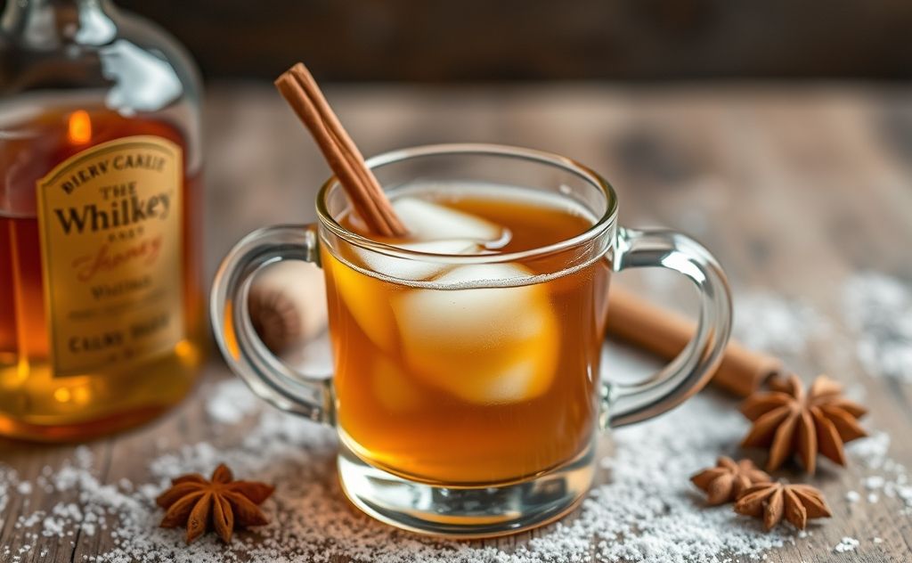 Warm drink with whiskey, honey, and spices