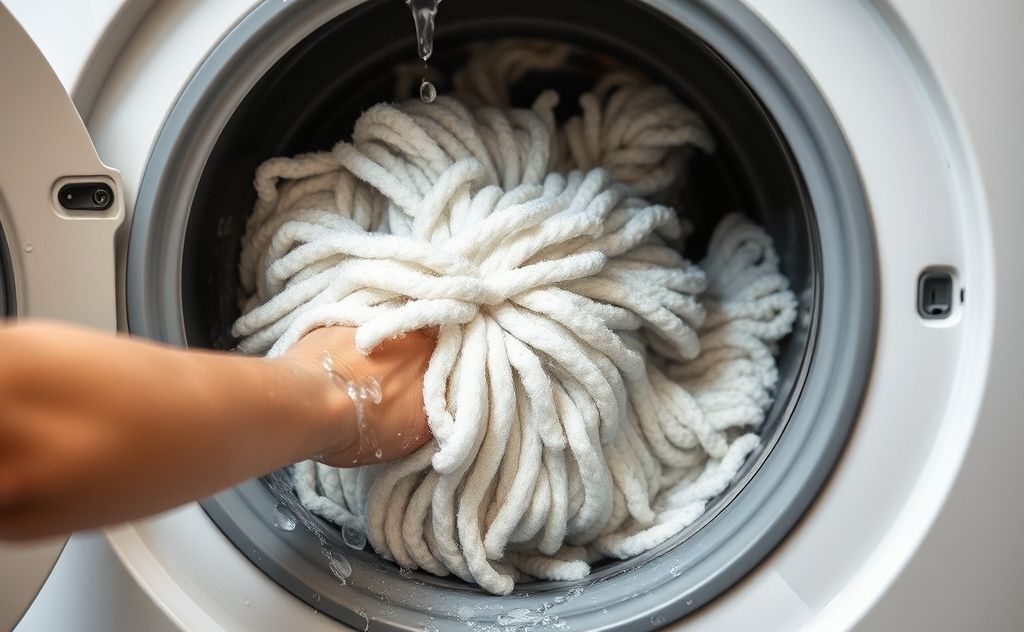 Washing a mop head in a washing machine.
