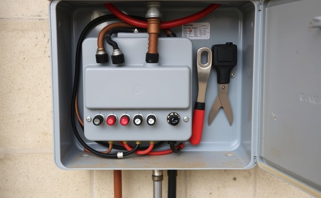 Water heater fuse box with wires and tools